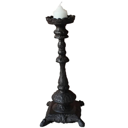 Antique Black Cast Iron Pillar Candle Holder | Tall European Baroque Candlestick | Handmade Home Decor