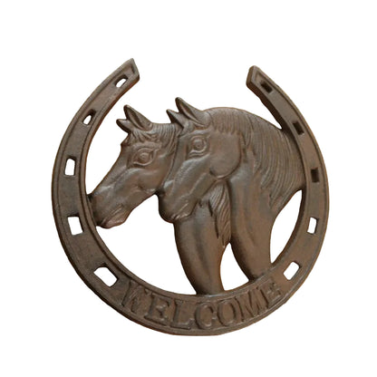 Cast Iron Horse Heads Welcome Plaque | Horseshoe Welcome Sign | Country Farmhouse Wall Decor | 29x29cm