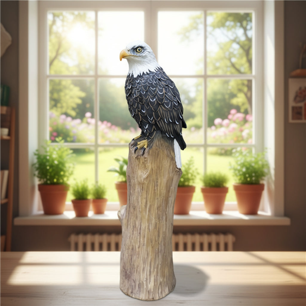 Resin Bald Eagle Ornament | Detailed White-Headed Eagle Statue on Driftwood Base | Garden & Home Decor | 23cm