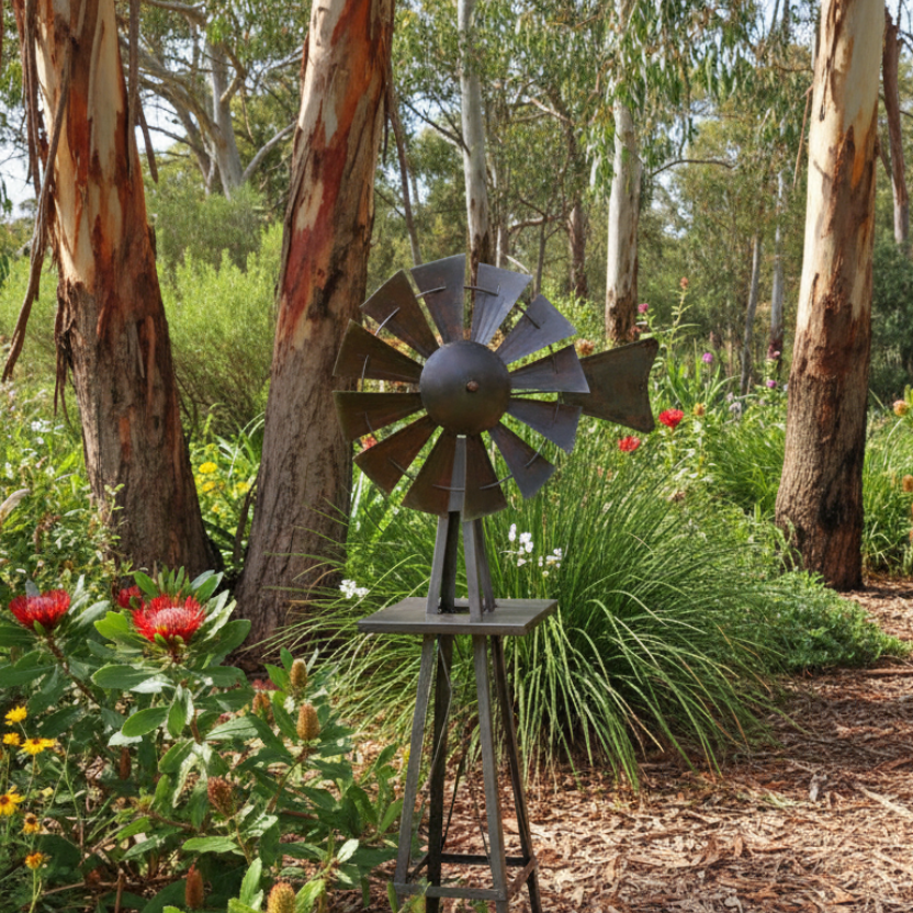 Decorative windmill in a garden with trees and flowers