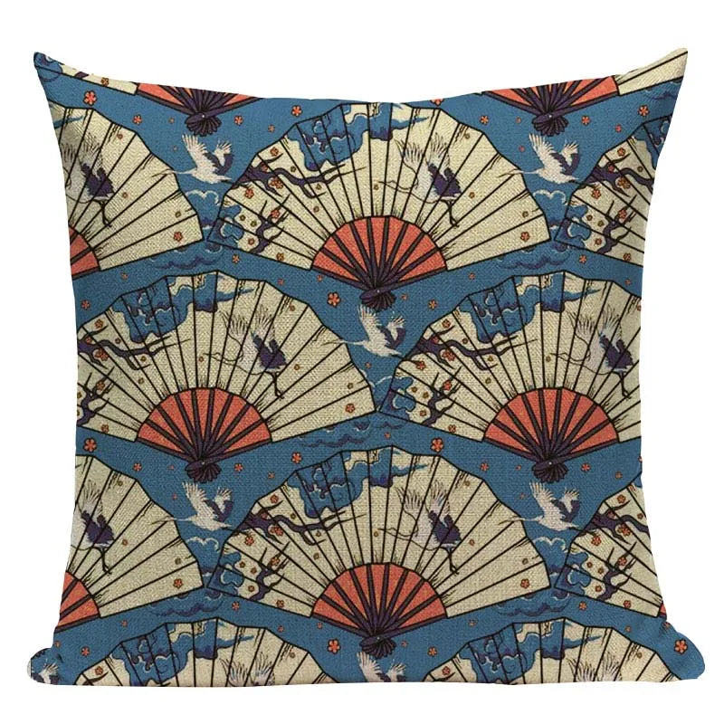 Cushion Cover Japanese Style | Koi Fish Cherry Blossom Bird Fan Waves Floral