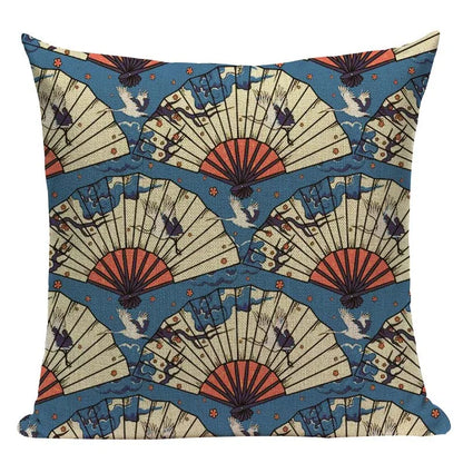 Cushion Cover Japanese Style | Koi Fish Cherry Blossom Bird Fan Waves Floral