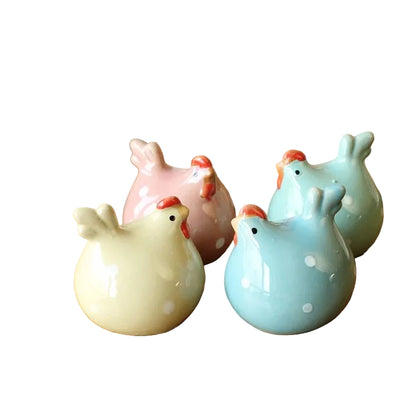 Ceramic Chicken Ornaments Set of 4 Polka Dot Mini Garden