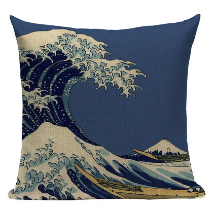 Cushion Cover Japanese Style | Koi Fish Cherry Blossom Bird Fan Waves Floral