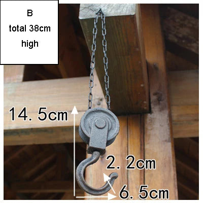 Cast Iron Pulley Hook with Chain — Antique Farmhouse Wall Hook — Small & Large
