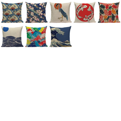 Cushion Cover Japanese Style | Koi Fish Cherry Blossom Bird Fan Waves Floral