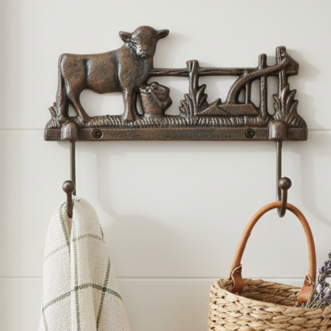 Cow Cattle Cast Iron Hook | Two Hangers Farmhouse Wall Hook 17x6x23cm