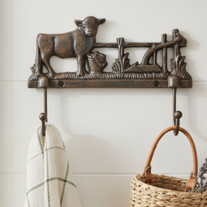 Cow Cattle Cast Iron Hook | Two Hangers Farmhouse Wall Hook 17x6x23cm