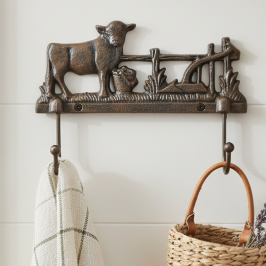 Cow Cattle Cast Iron Hook | Two Hangers Farmhouse Wall Hook 17x6x23cm