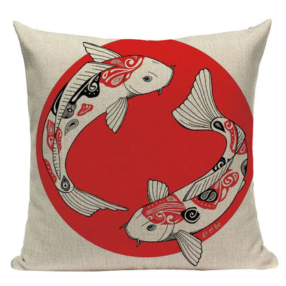 Cushion Cover Japanese Style | Koi Fish Cherry Blossom Bird Fan Waves Floral