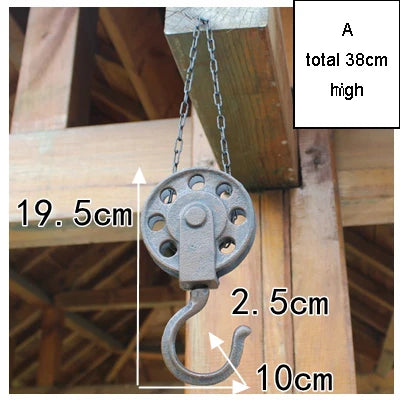 Cast Iron Pulley Hook with Chain — Antique Farmhouse Wall Hook — Small & Large
