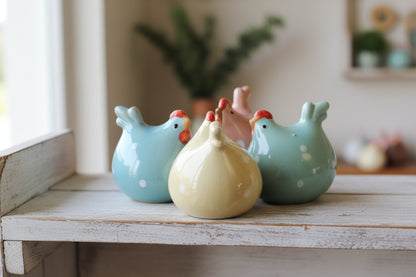Ceramic Chicken Ornaments Set of 4 Polka Dot Mini Garden