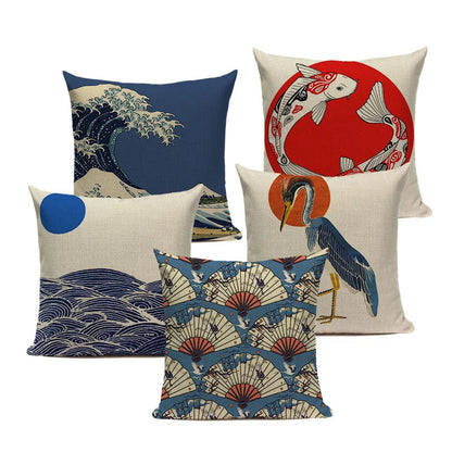 Cushion Cover Japanese Style | Koi Fish Cherry Blossom Bird Fan Waves Floral