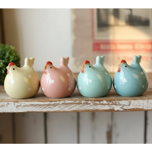 Ceramic Chicken Ornaments Set of 4 Polka Dot Mini Garden