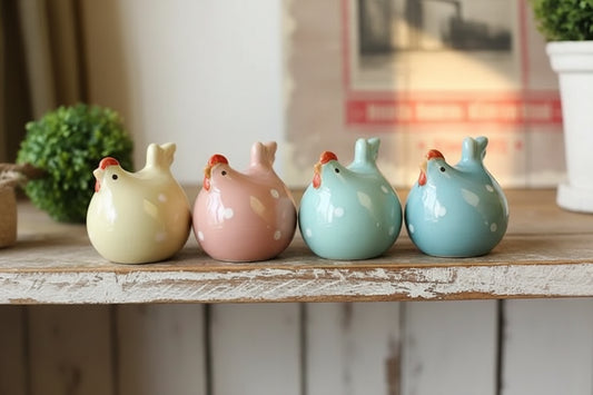 Ceramic Chicken Ornaments Set of 4 Polka Dot Mini Garden