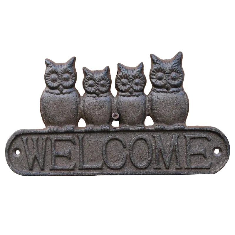 Cast Iron Owl Welcome Sign | Rustic Four Owls Wall Plaque | Home, Garden & Gate Decor