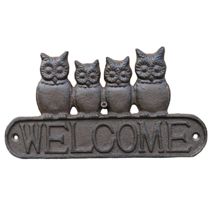 Cast Iron Owl Welcome Sign | Rustic Four Owls Wall Plaque | Home, Garden & Gate Decor