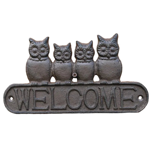 Cast Iron Owl Welcome Sign | Rustic Four Owls Wall Plaque | Home, Garden & Gate Decor