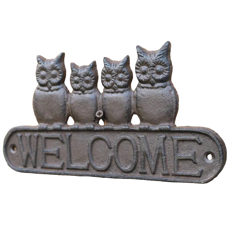 Cast Iron Owl Welcome Sign | Rustic Four Owls Wall Plaque | Home, Garden & Gate Decor