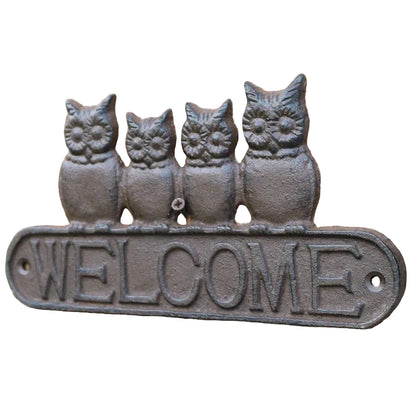 Cast Iron Owl Welcome Sign | Rustic Four Owls Wall Plaque | Home, Garden & Gate Decor