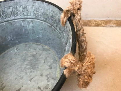 Vintage Galvanised Round Herb Planter with Hemp Rope Handles | Farmhouse Basin