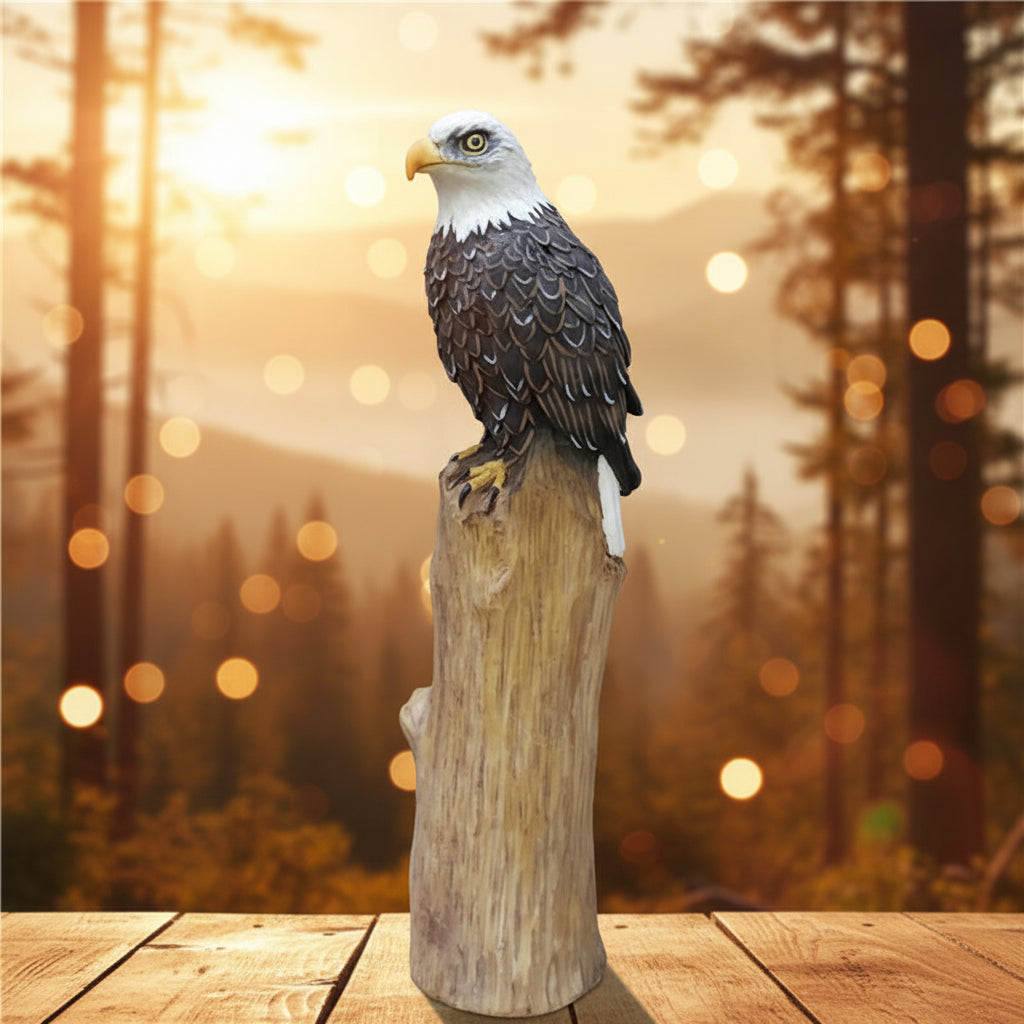 Resin Bald Eagle Ornament | Detailed White-Headed Eagle Statue on Driftwood Base | Garden & Home Decor | 23cm