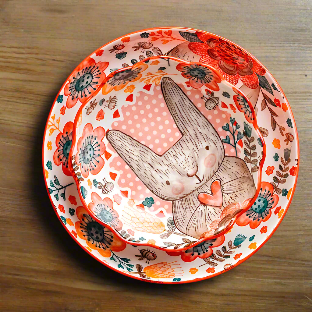 Rabbit Hand Painted Bowl Plate Ceramic