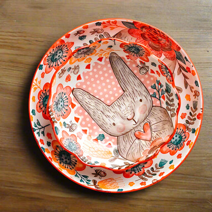 Rabbit Hand Painted Bowl Plate Ceramic