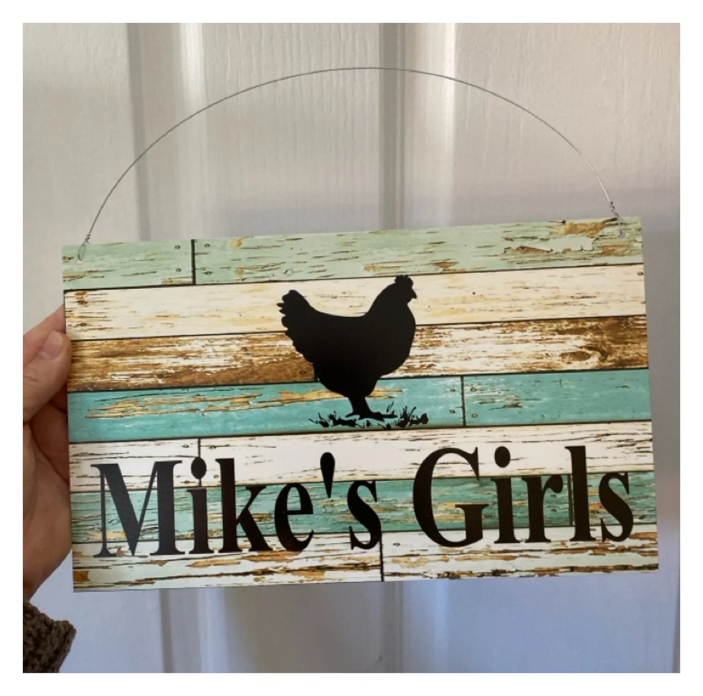 Chicken Hen Custom Personalised Sign Rustic Blue