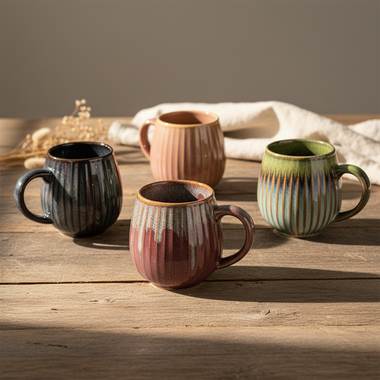 Coffee Mug Colourful Kiln Glaze Ribbed Ceramic 480ml - 8.5x10.5cm