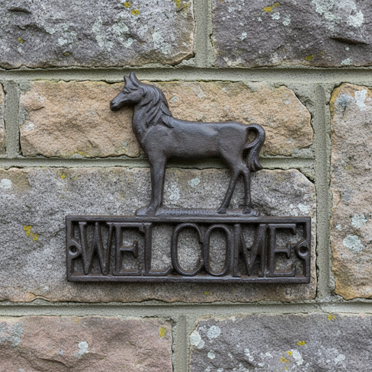 Welcome Cast Iron Horse Sign Vintage Country - Equestrian Wall Decor 20.5x18cm