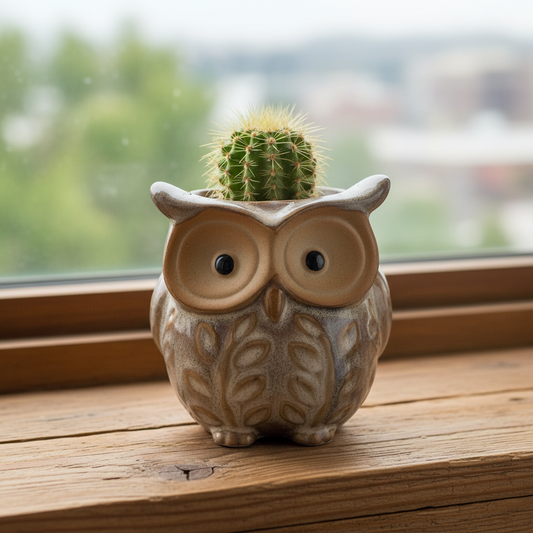 Owl Brown White Ceramic Plant Pot Planter | Succulent & Cactus Pot 8.5cm