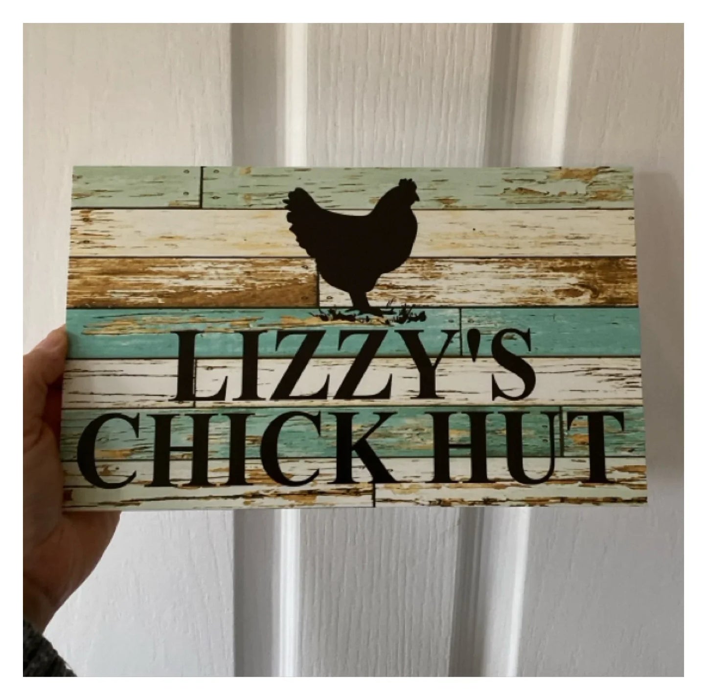 Chicken Hen Custom Personalised Sign Rustic Blue
