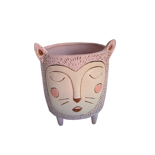 Cat Pink Plant Pot Resin Hand Painted | Pink Kitty Planter 16x12cm