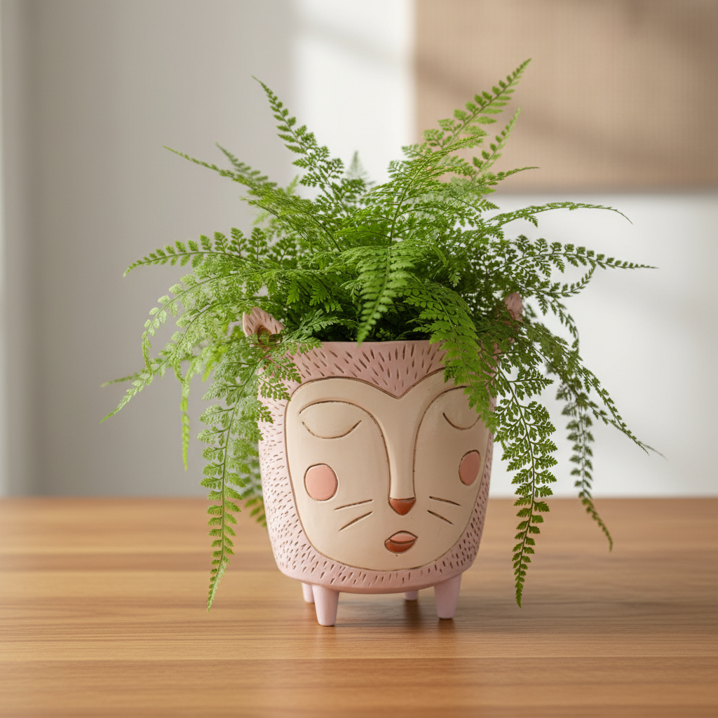 Cat Pink Plant Pot Resin Hand Painted | Pink Kitty Planter 16x12cm