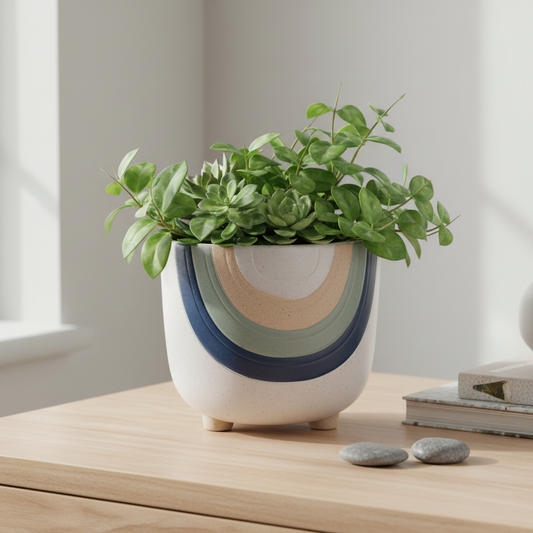Rainbow Plant Pot Planter | Blue Aqua Cream & White Ceramic Pot