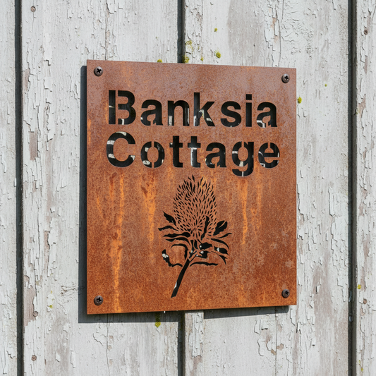 Banksia Flower Custom Property Name Address Sign - Personalised Rusty Metal Steel Sign - Australian Made