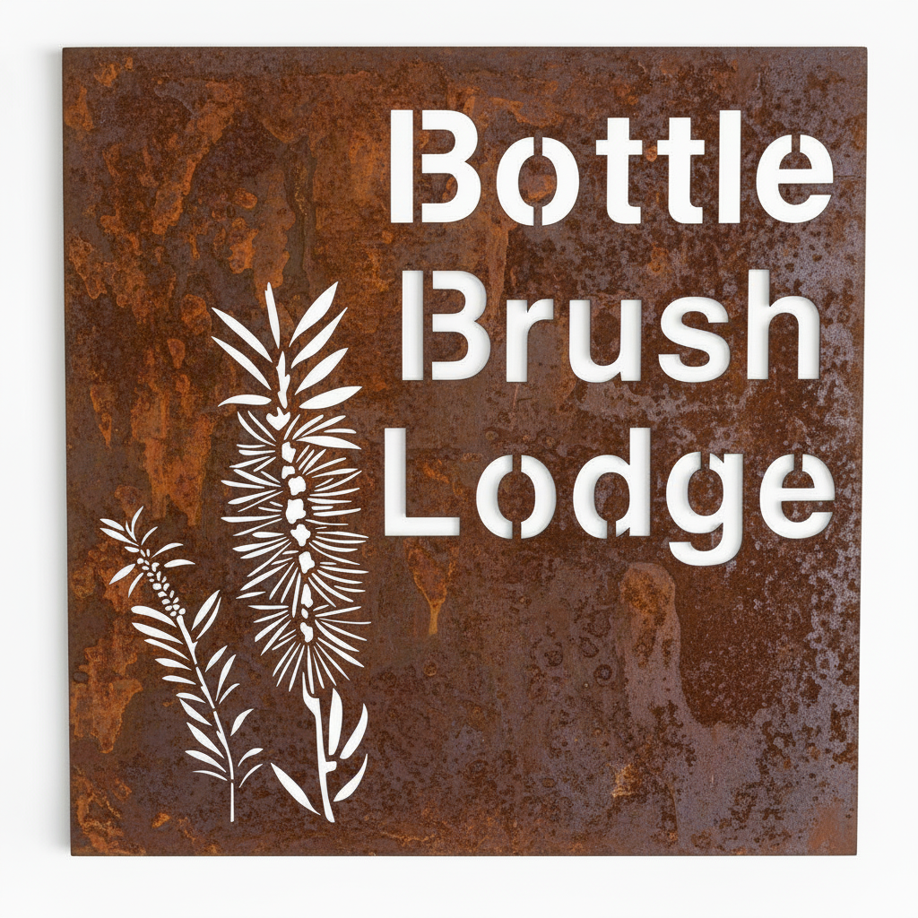 Bottlebrush Callistemon Native Flower Custom Property Name Address Sign - Personalised Rusty Metal Steel Sign - Australian Made
