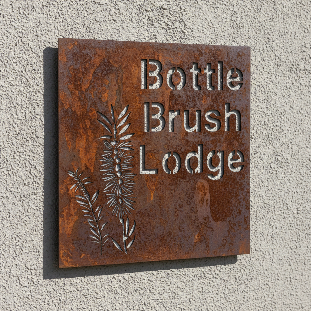 Bottlebrush Callistemon Native Flower Custom Property Name Address Sign - Personalised Rusty Metal Steel Sign - Australian Made