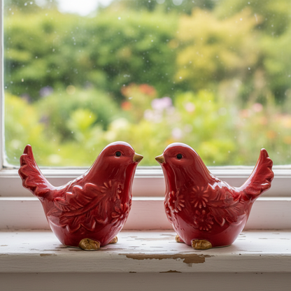 Red Bird Ornament Set of 2 | Ceramic Garden Farmhouse Decor
