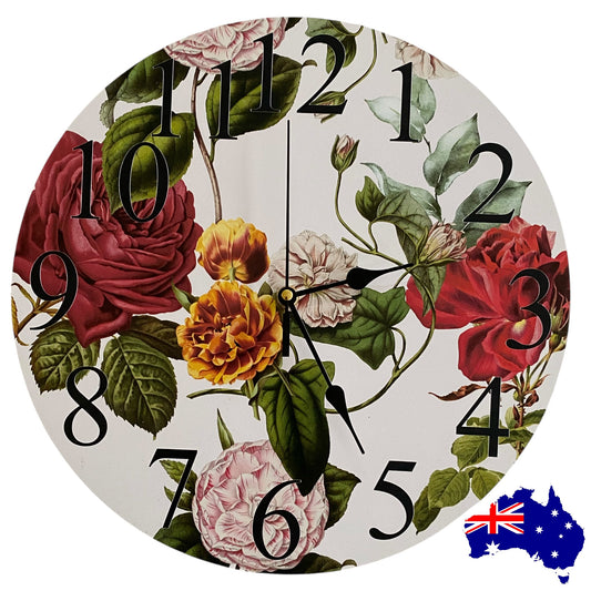 Red Burgundy Cream White Pink Rose Peony Floral Wall Clock | Aussie Made 30cm & 60cm Silent Clock