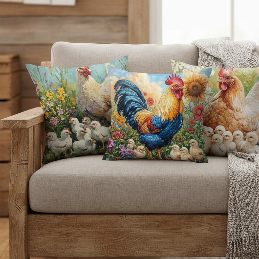 Cushion Cover Chicken Hen Rooster Set of 4 | Polyester | 5 Sizes