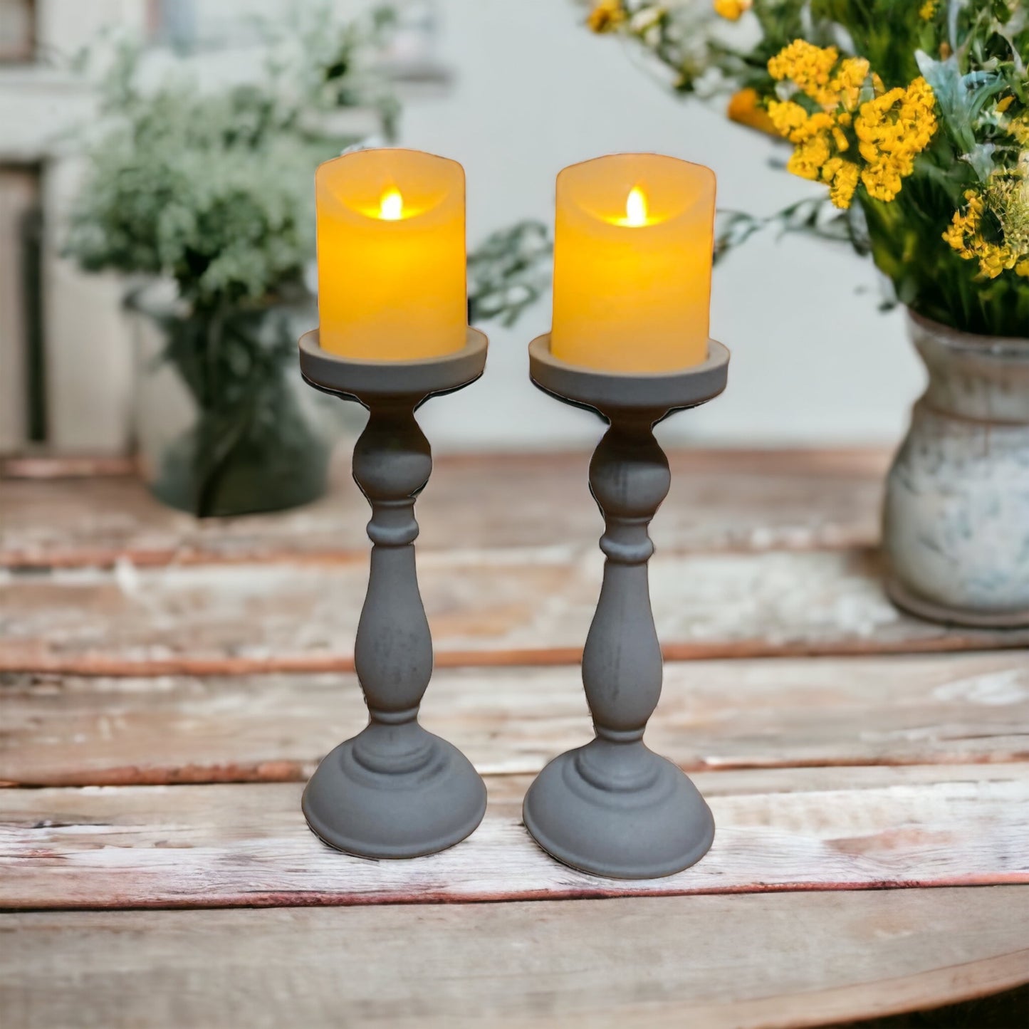 Candle Holder Pillar Set of 2 Vintage Grey