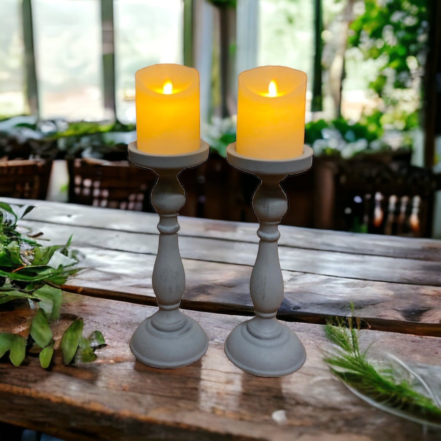 Candle Holder Pillar Set of 2 Vintage Grey