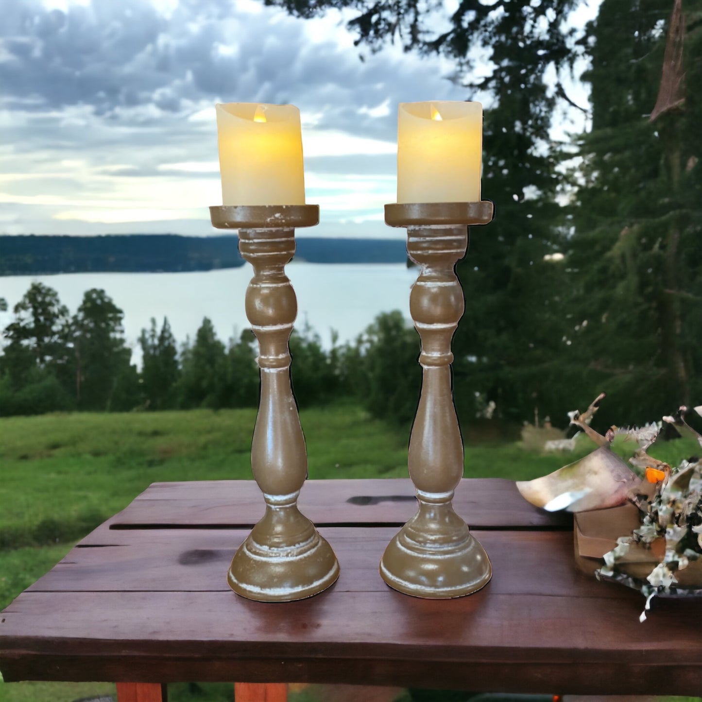 Candle Holder Pillar Natural Set of 2