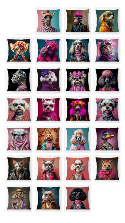 Fashion Animal Portrait Cushion Covers | Poodle Dog Pug Cat Fox Monkey Duck Elephant Throw Pillow Cases