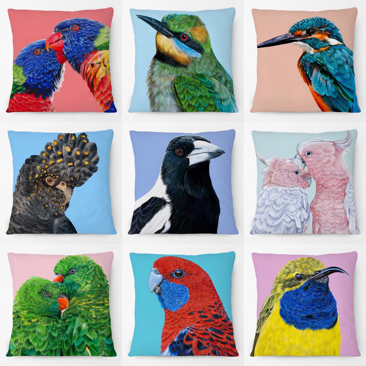 Australian Birds Cushion Cover | Rainbow Lorikeet Black Cockatoo Magpie & More | 45cm