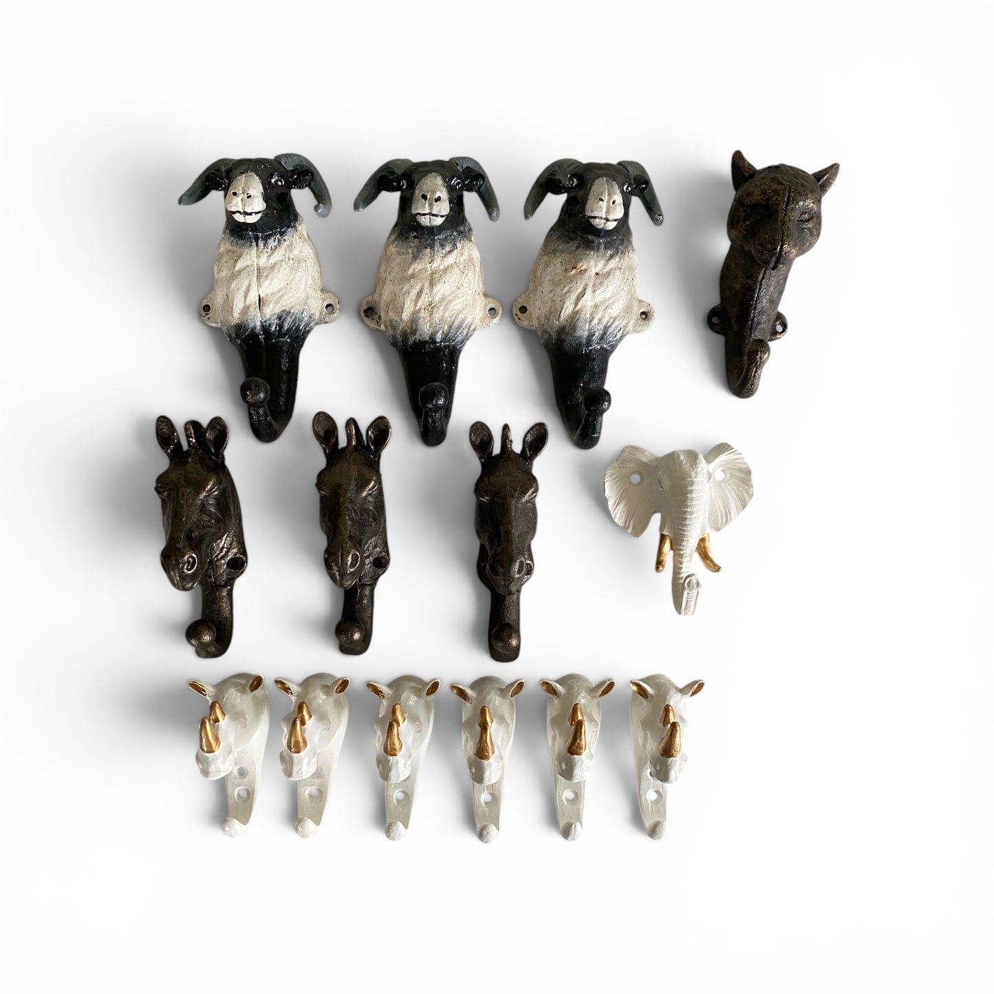 Safari Animal Cast Iron Wall Hook | Wholesale Bulk Lot Set of 14 | Zebra Cheetah Rhino Elephant Goat Ram