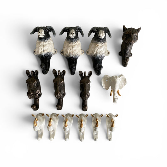 Safari Animal Cast Iron Wall Hook | Wholesale Bulk Lot Set of 14 | Zebra Cheetah Rhino Elephant Goat Ram