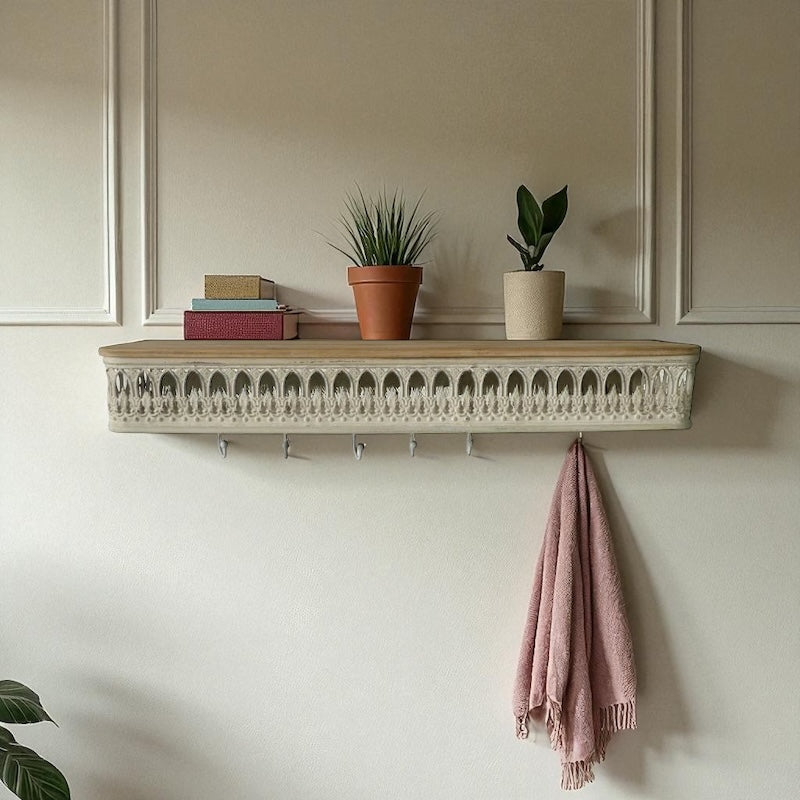 Wall Shelf French Country White Timber With Hooks